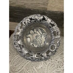 Vintage Christmas Pewter Bowl Gingerbread Man Snowman Candy Cane Ornaments